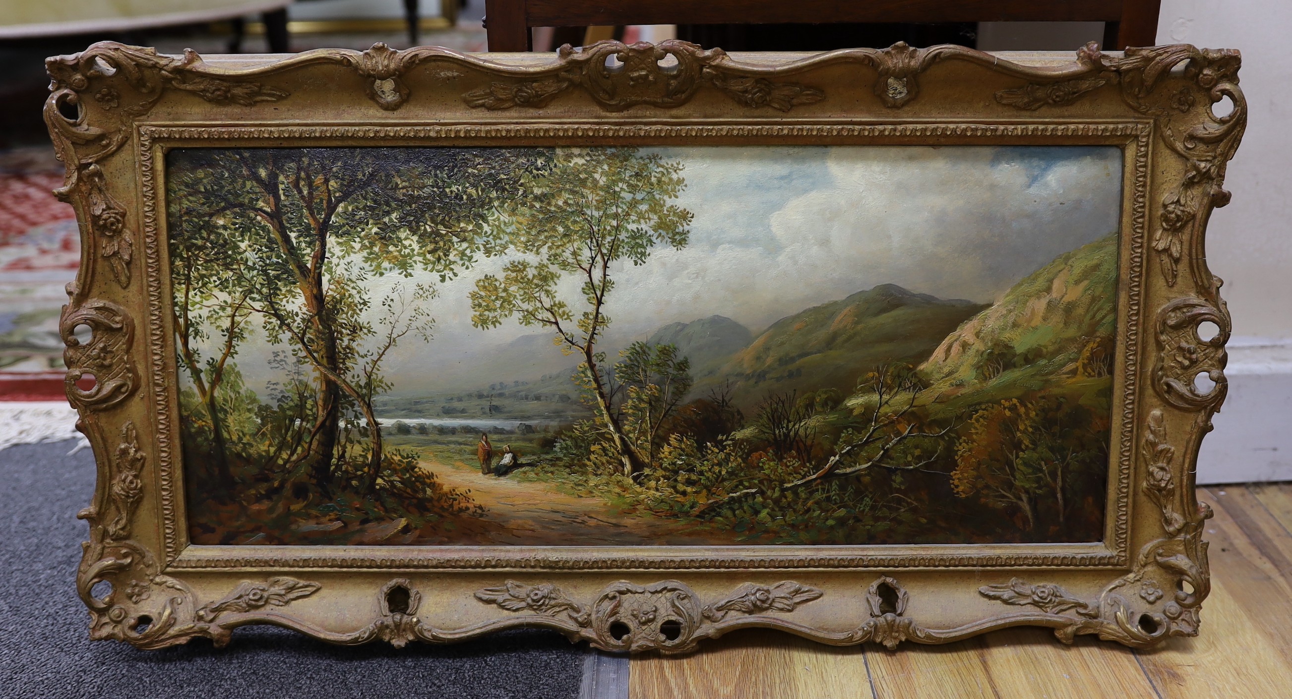 English School c.1900, oil on board, 'Killarney Lakes', 23 x 54cm